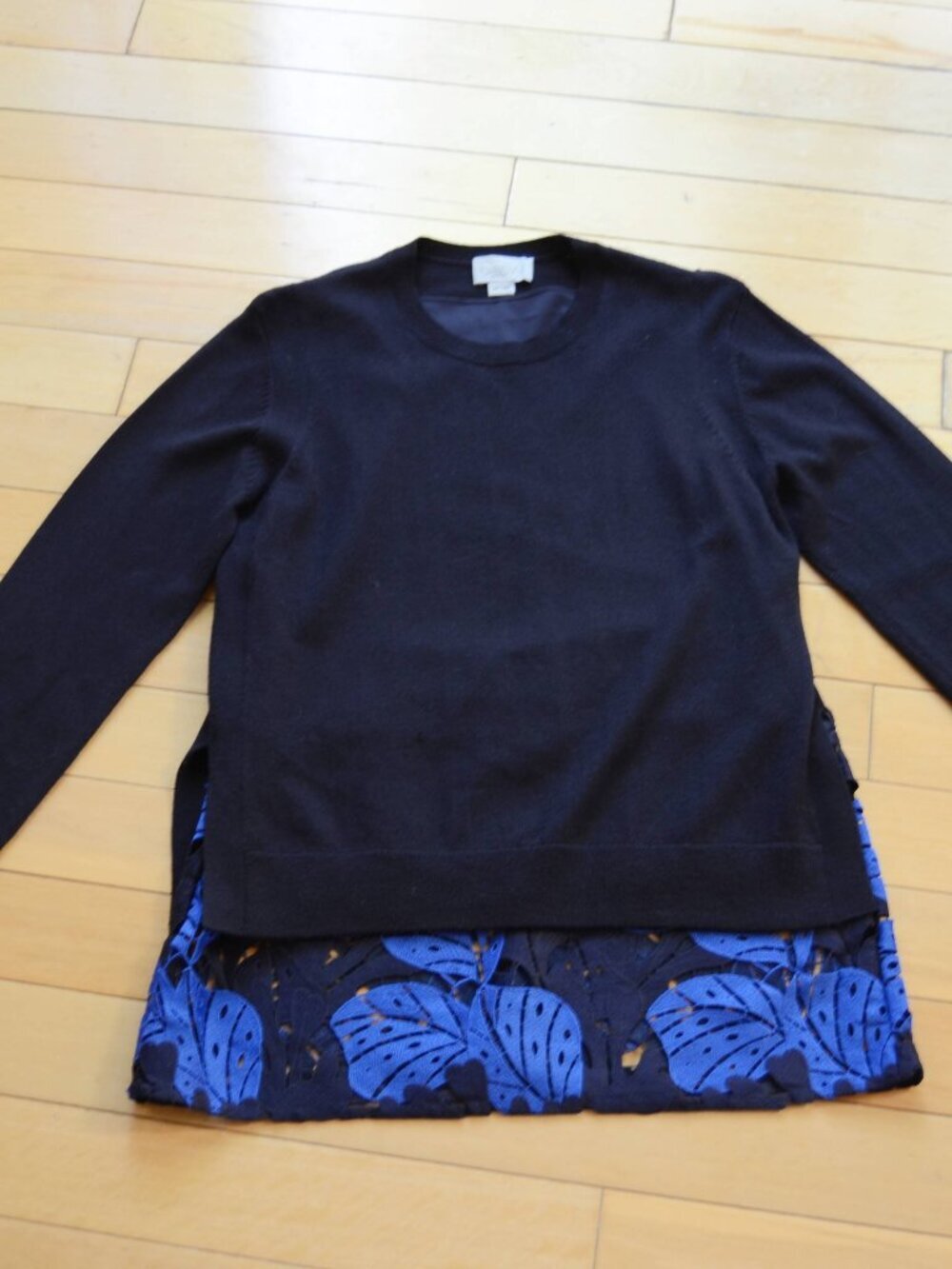 Grey Jason Wu Navy Blue Wool Overlay Crew-Neck Sweater w/ Lace Layer Size M